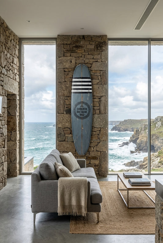 Vintage Surf Decor Quiberon Bretagne Board in modern French coastal stone villa overlooking Atlantic cliffs