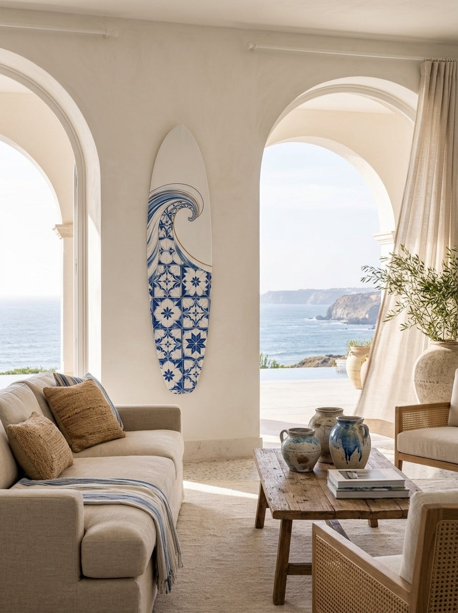 Portuguese Azulejo Surfboard Wall Art in luxury coastal villa living room vertical placement