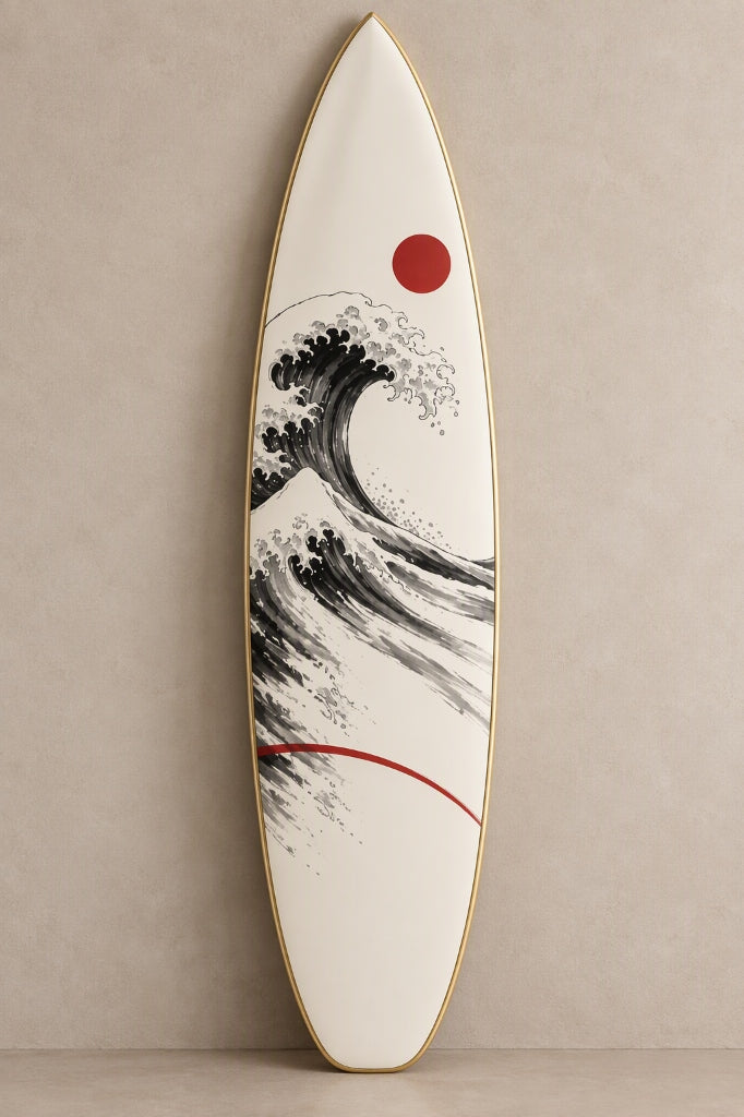 Japandi Great Wave Surfboard Wall Art 72 inch with Japanese wave and red sun