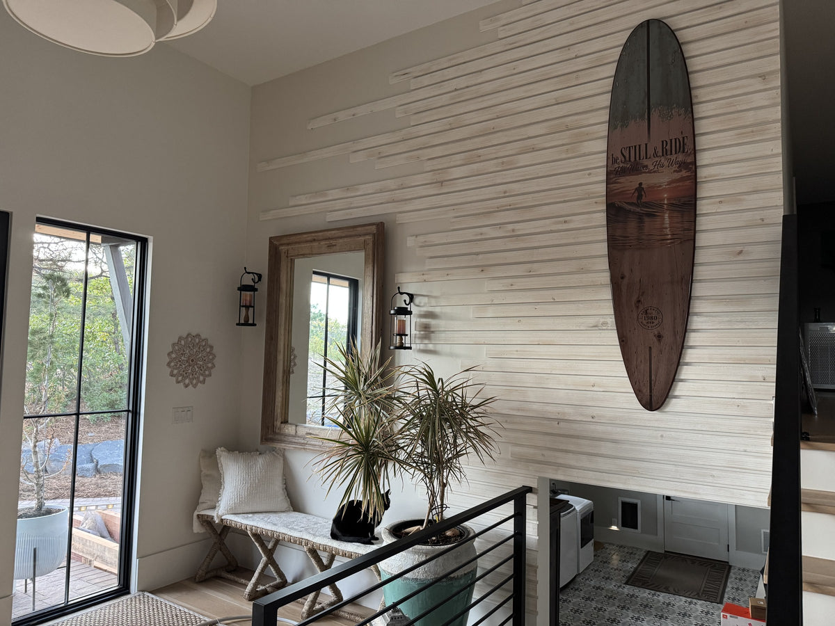 Be Still and Ride 80 inch Vintage Surfboard Wall Art Installed in Modern Coastal Home Entryway – Real Client Photo by Courtney Murphy