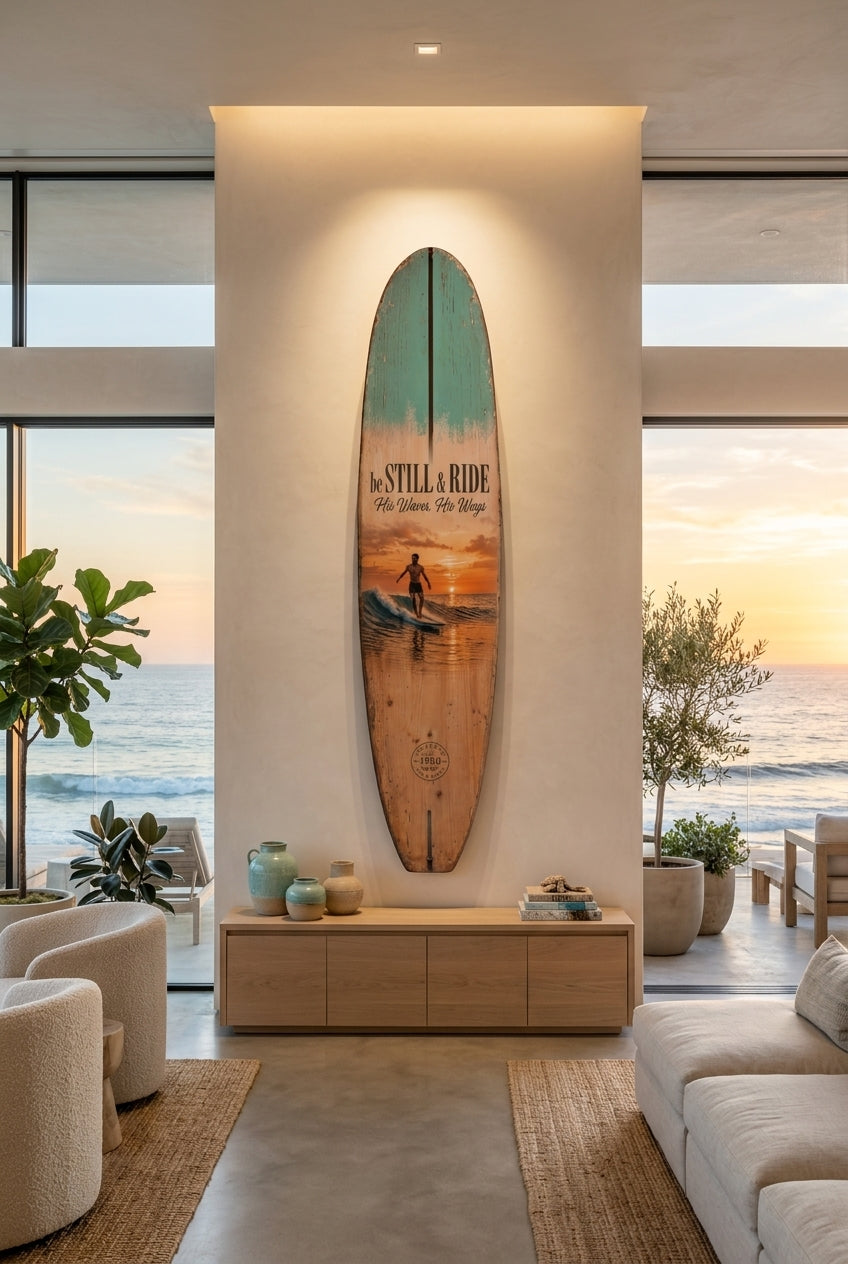 Vintage Surfboard Wall Art Be Still and Ride - Malibu Oceanfront Great Room Luxury Decor