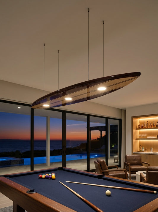 Surfboard Pool Table Light in evening cocktail lounge over billiard table