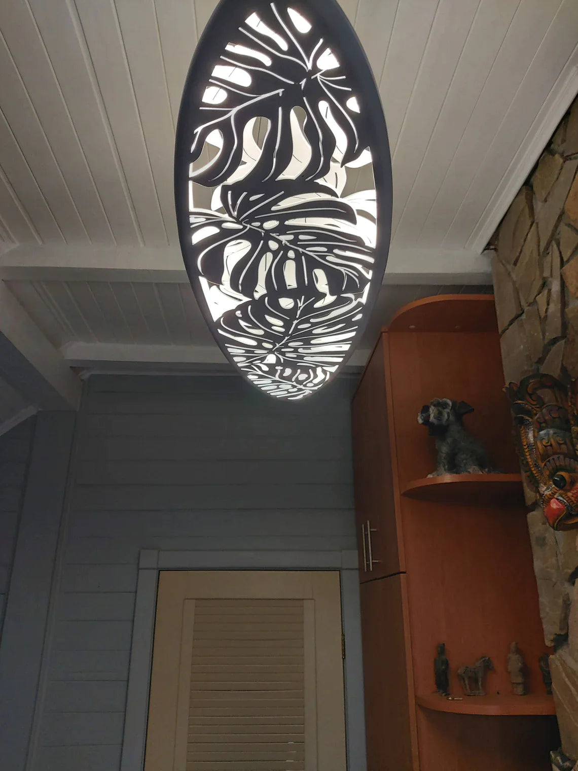 Surfboard Shaped Ceiling Chandelier with Canabis Leaf Carving