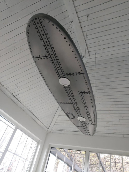 Aluminum Ceiling Chandelier in the Shape of a Surfboard - Covered with Liquid Aluminum