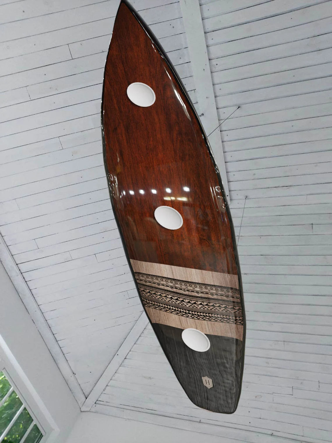 Ceiling Chandelier in the Shape of a Surfboard with a Maori Pattern
