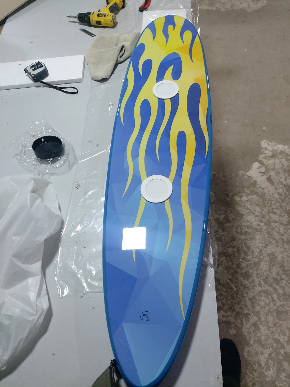 Yellow-Blue Flame Surfboard Shaped Ceiling Chandelier - Pool Billiard Table Light