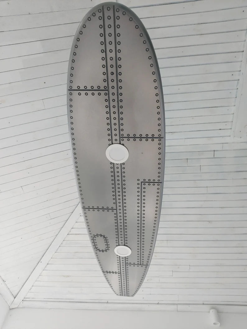 Aluminum Ceiling Chandelier in the Shape of a Surfboard - Covered with Liquid Aluminum