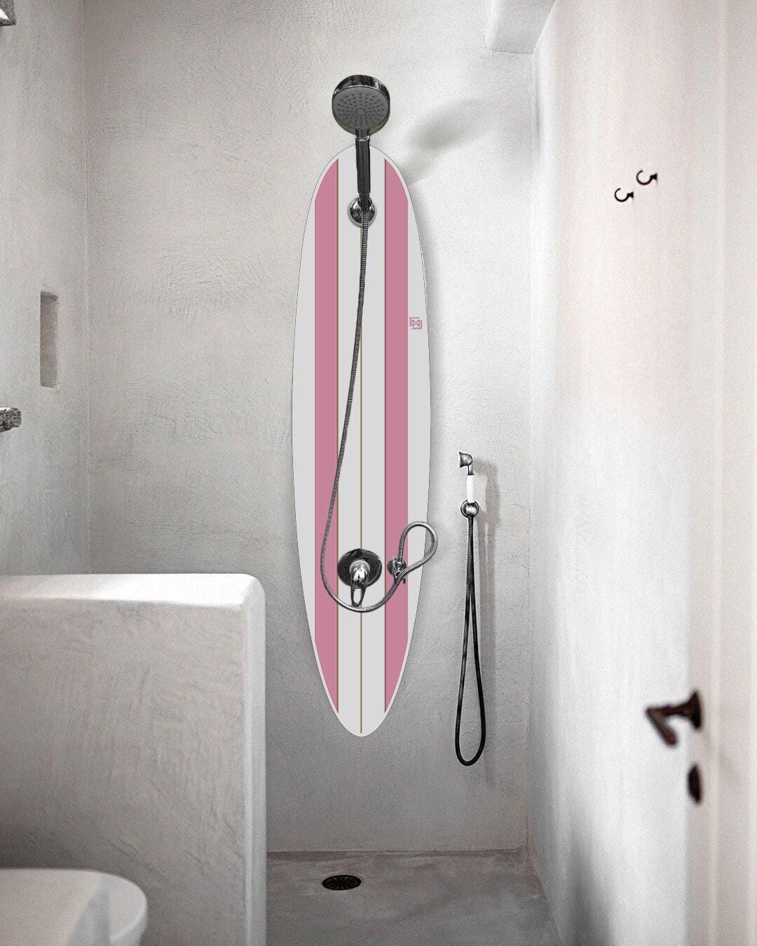 Surfboard Shower Panel – Pink Retro Stripe Design