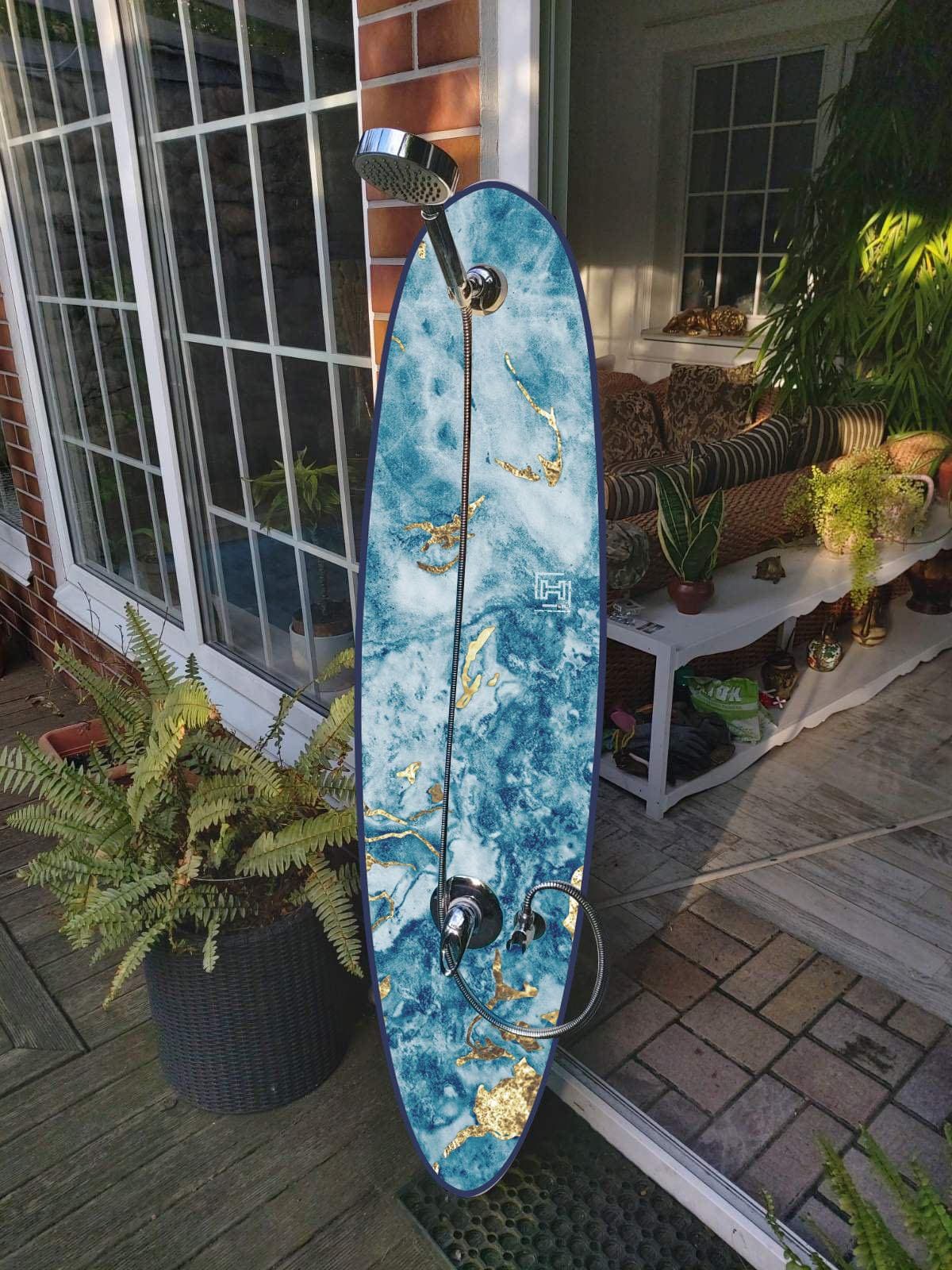 Handmade Surfboard Shower Panel – Golden Ocean Marble Design