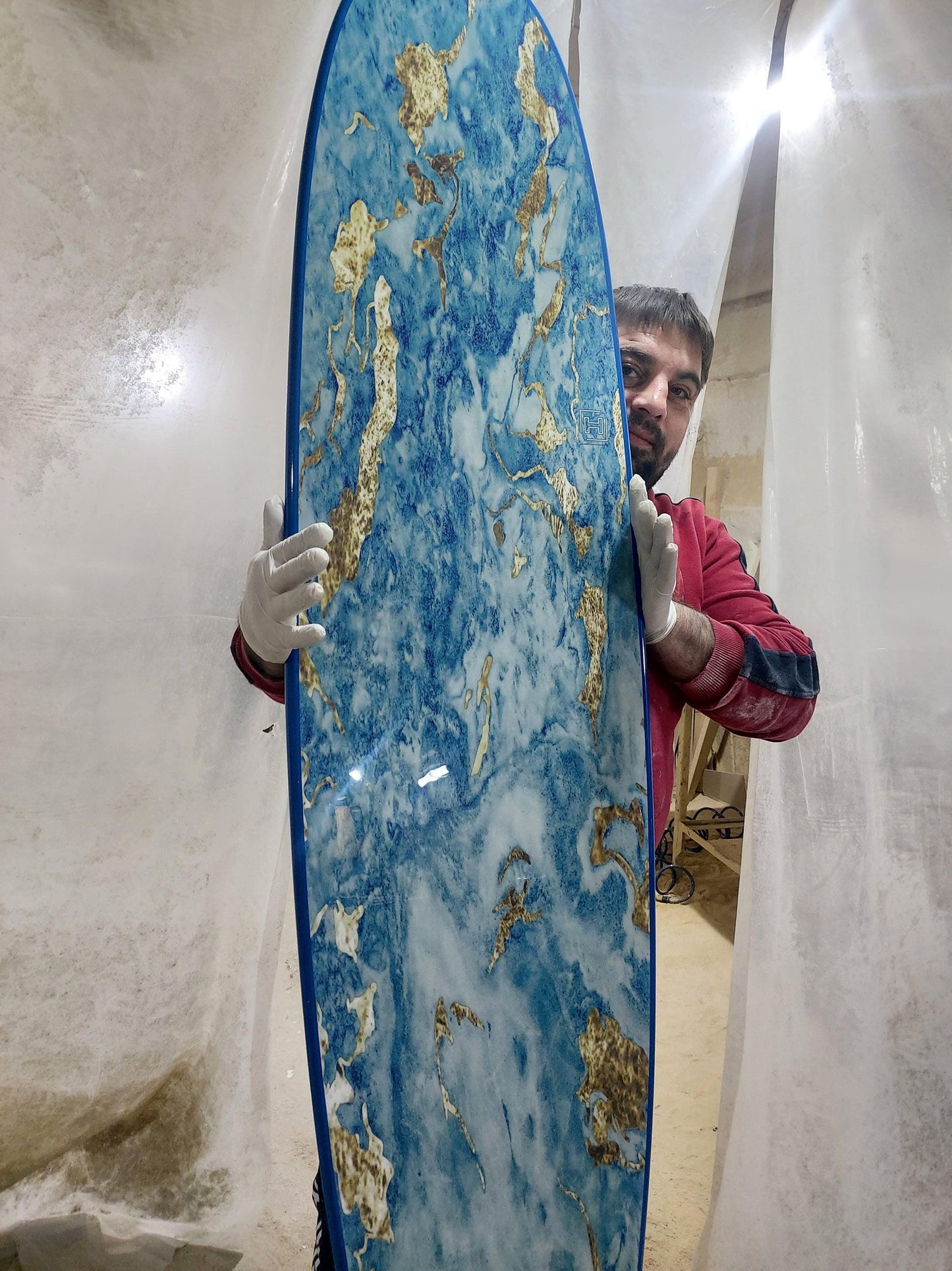 Handmade Surfboard Shower Panel – Golden Ocean Marble Design