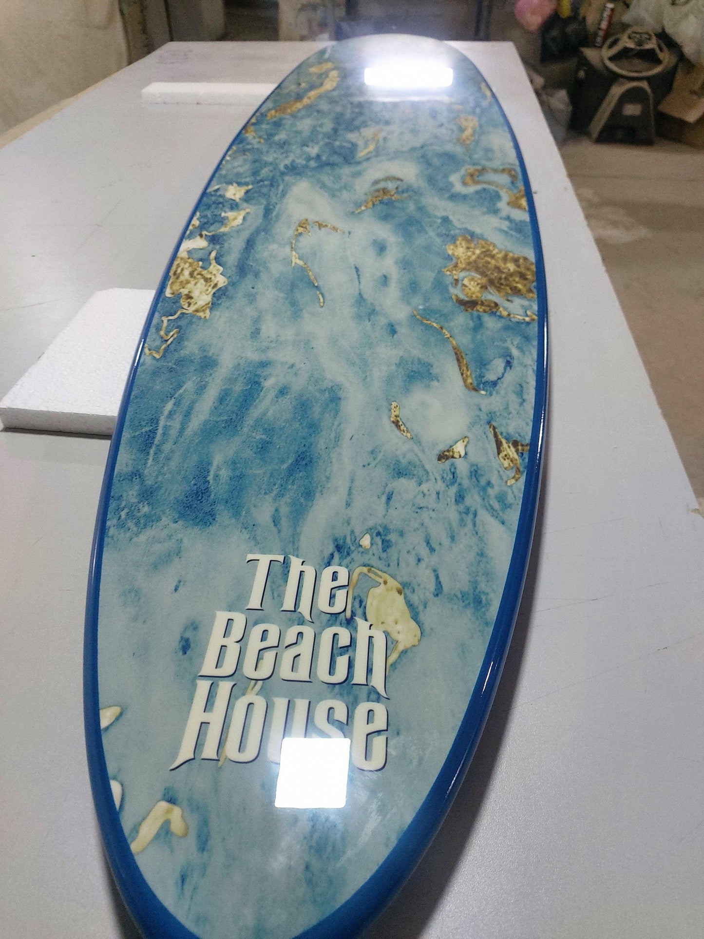 Handmade Surfboard Shower Panel – Golden Ocean Marble Design