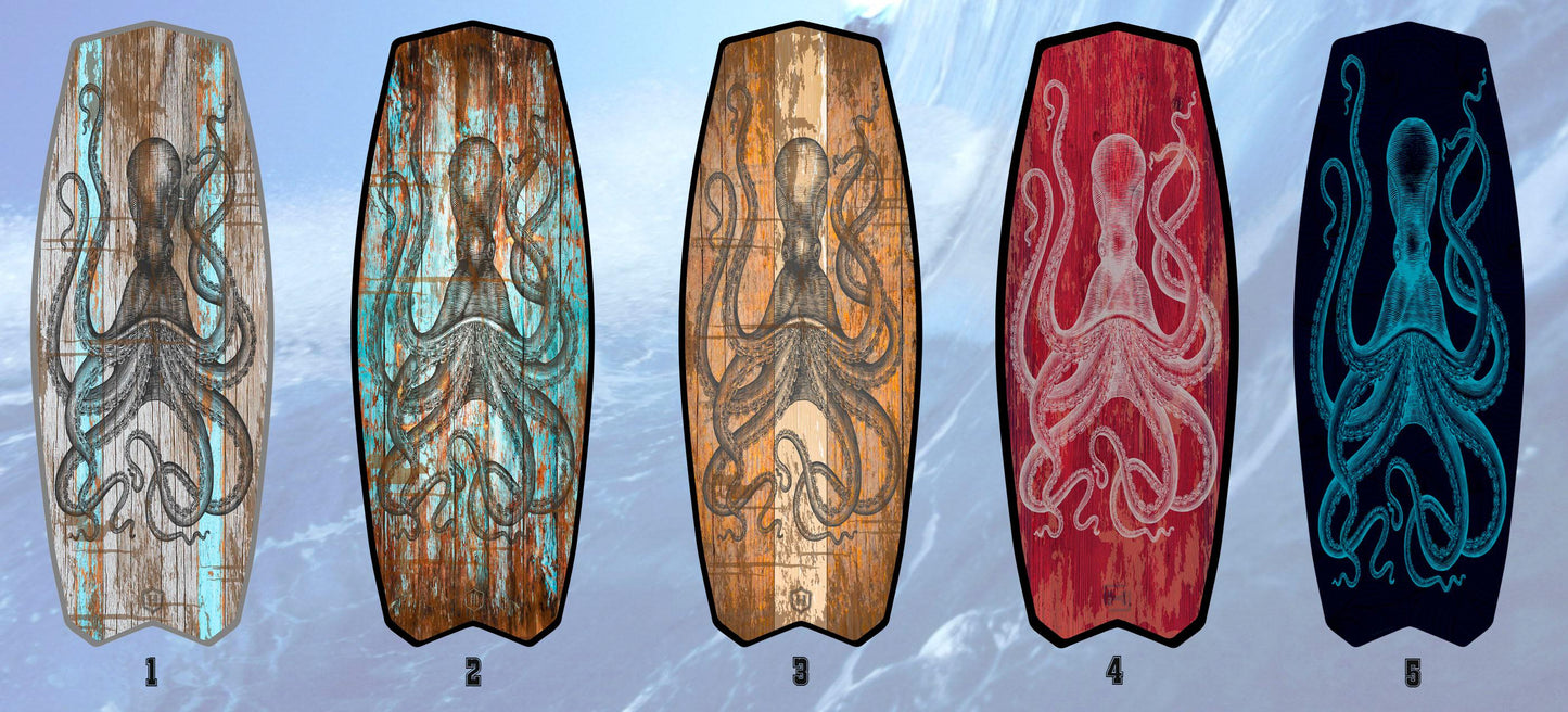 Surfboard coffee table with black octopus print for nautical decor