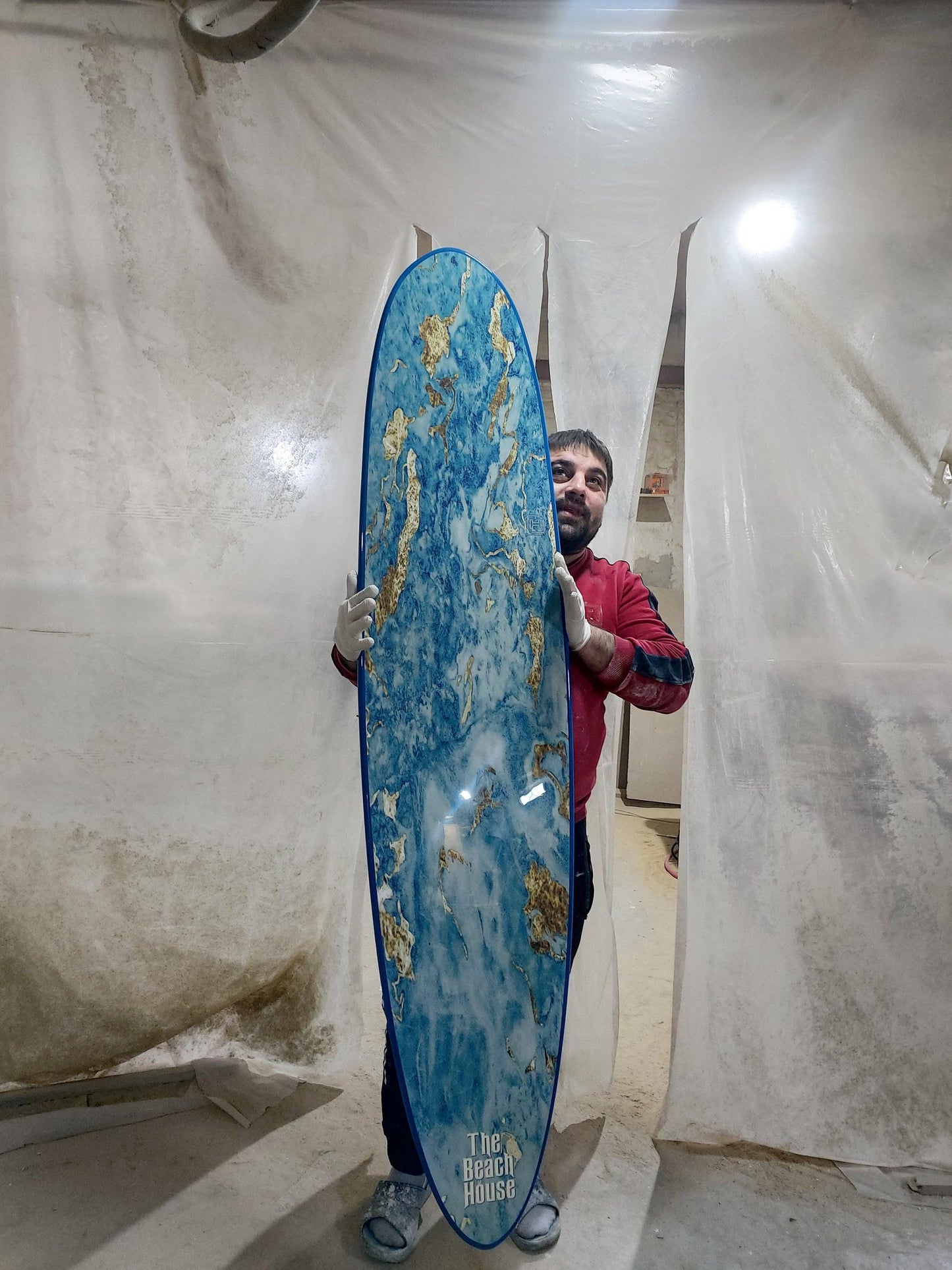 Handmade Surfboard Shower Panel – Golden Ocean Marble Design