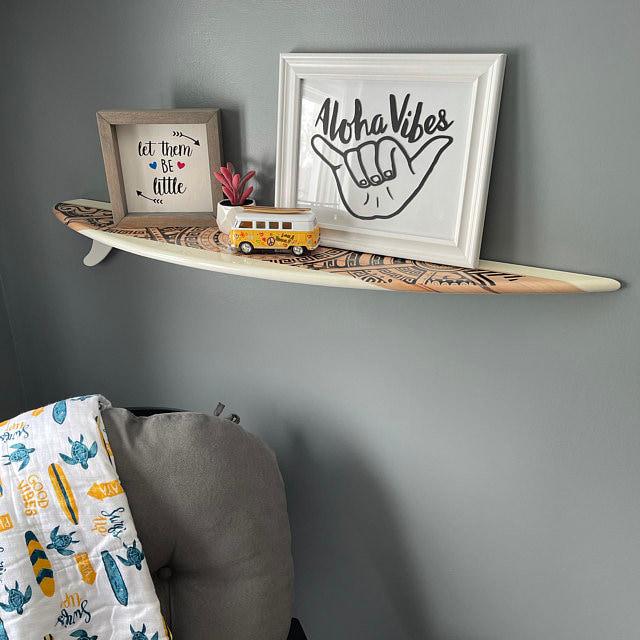 Wooden Surfboard Shelf – Coastal Interior, Beach House Wall Decor, Surf Style