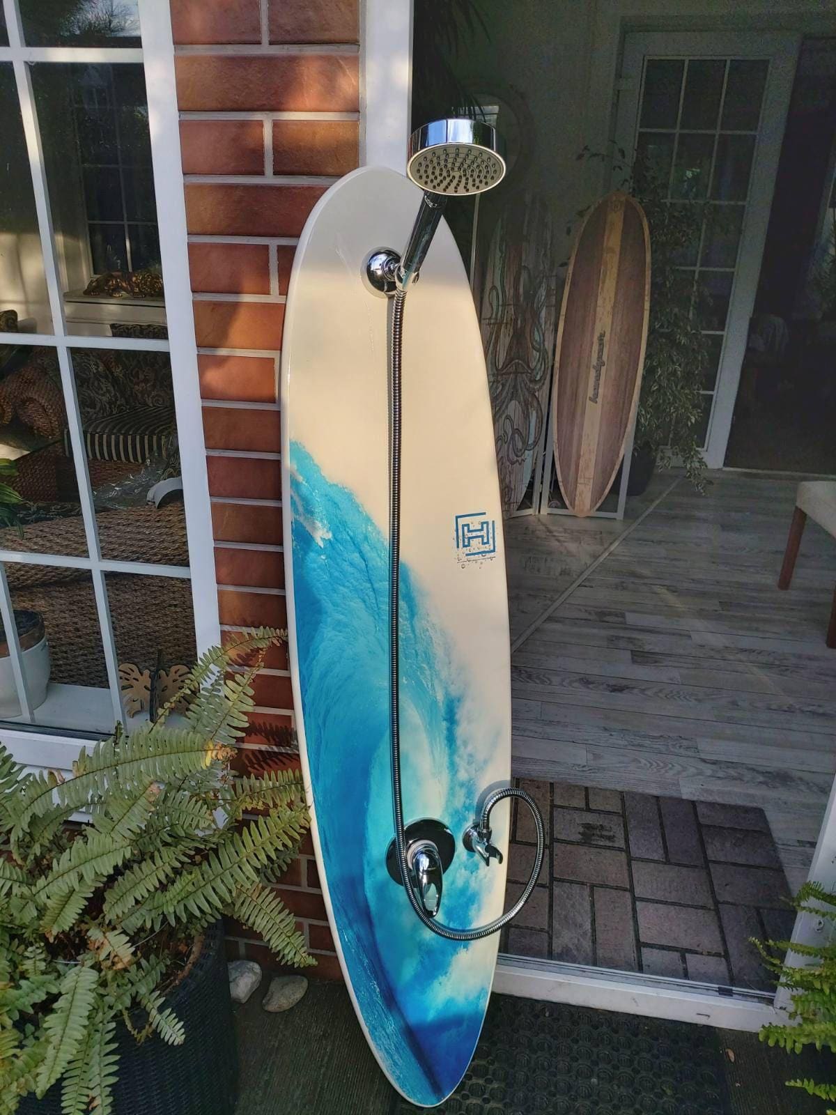 Surfboard Shower Panel: Tropical Beach Decor