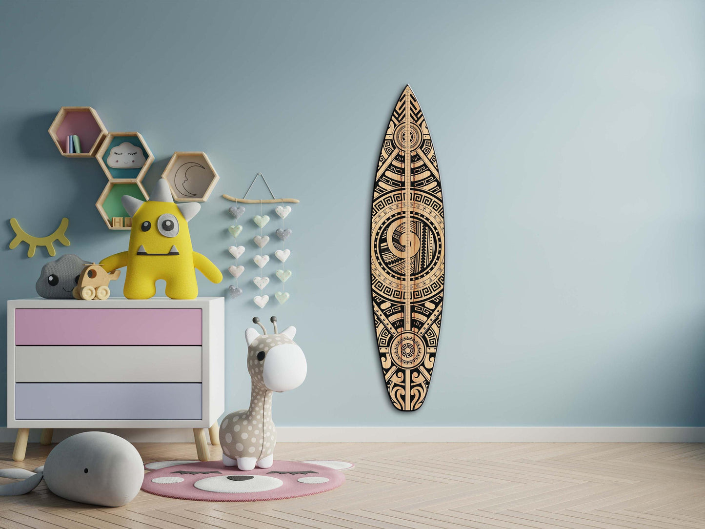 Surfboard Growth Chart: Wooden Kids Height Tracker, Abstract Print