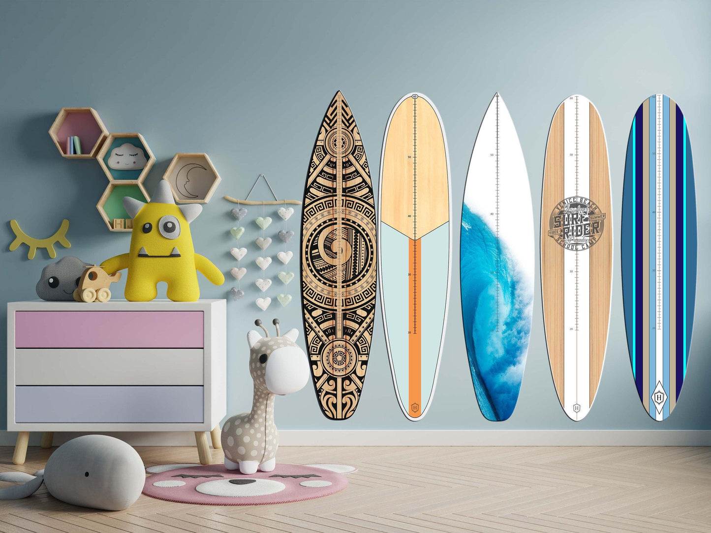 Surfboard Growth Chart: Wooden Kids Height Tracker, Abstract Print