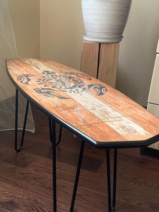 Surfboard Bench with Turtle Art – Coastal Decor, Entryway Seating
