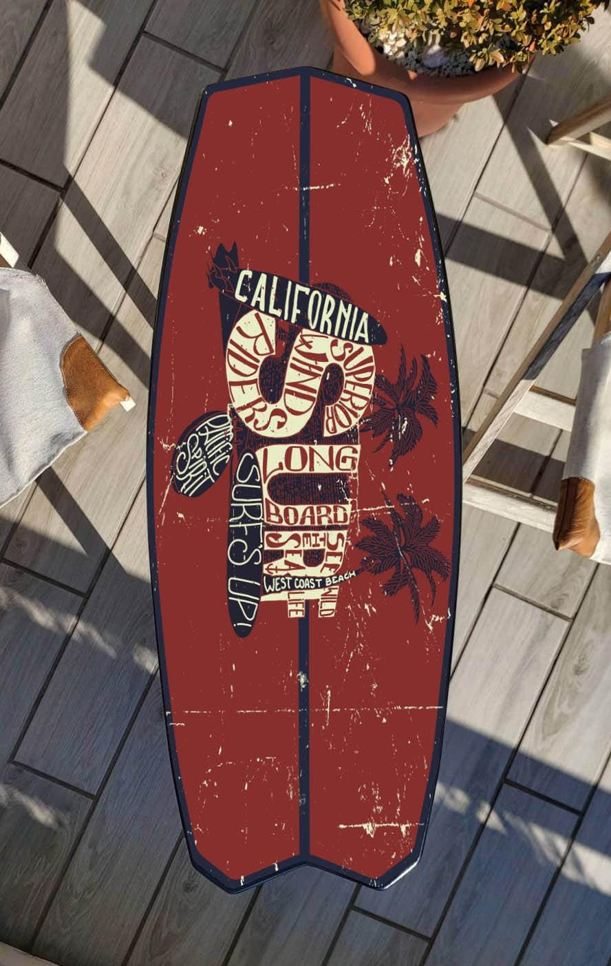 Surfboard coffee table with ocean wave