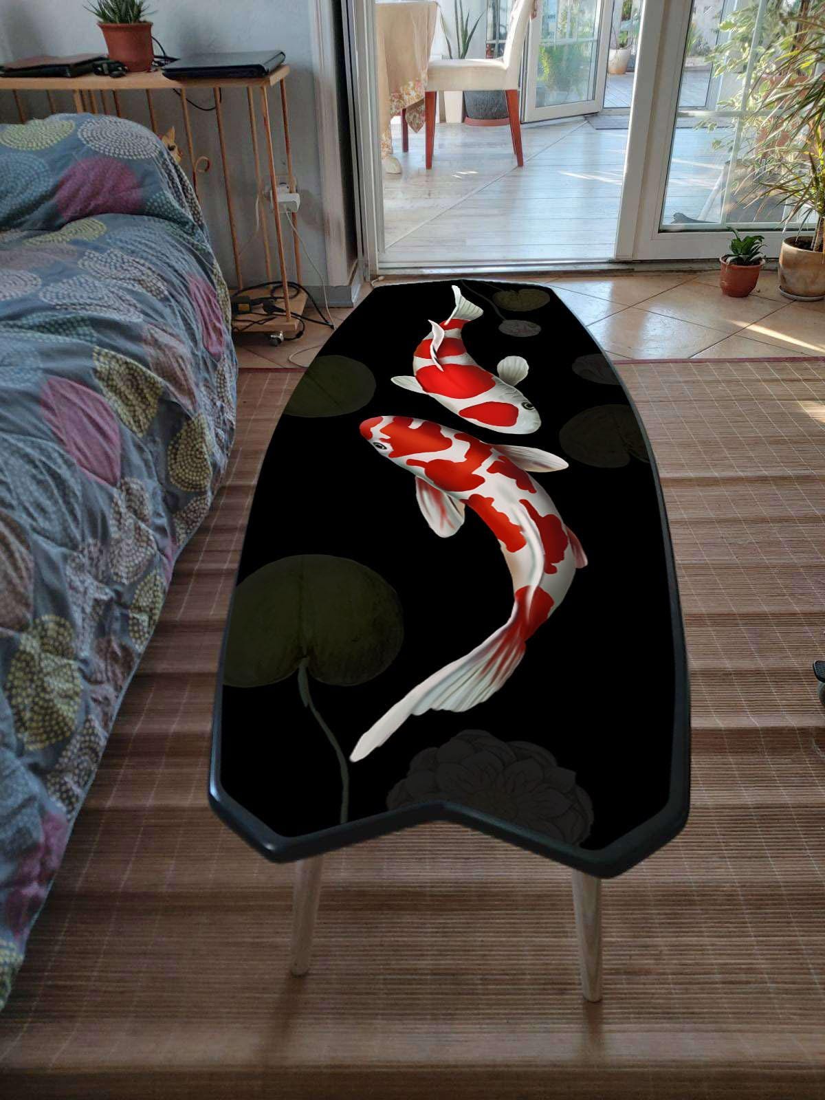Surfboard coffee table with ocean wave