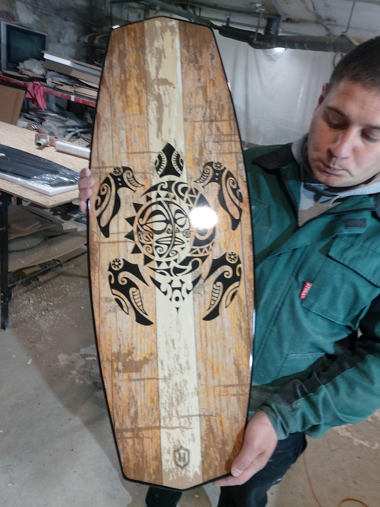 Surfboard Bench with Turtle Art – Coastal Decor, Entryway Seating