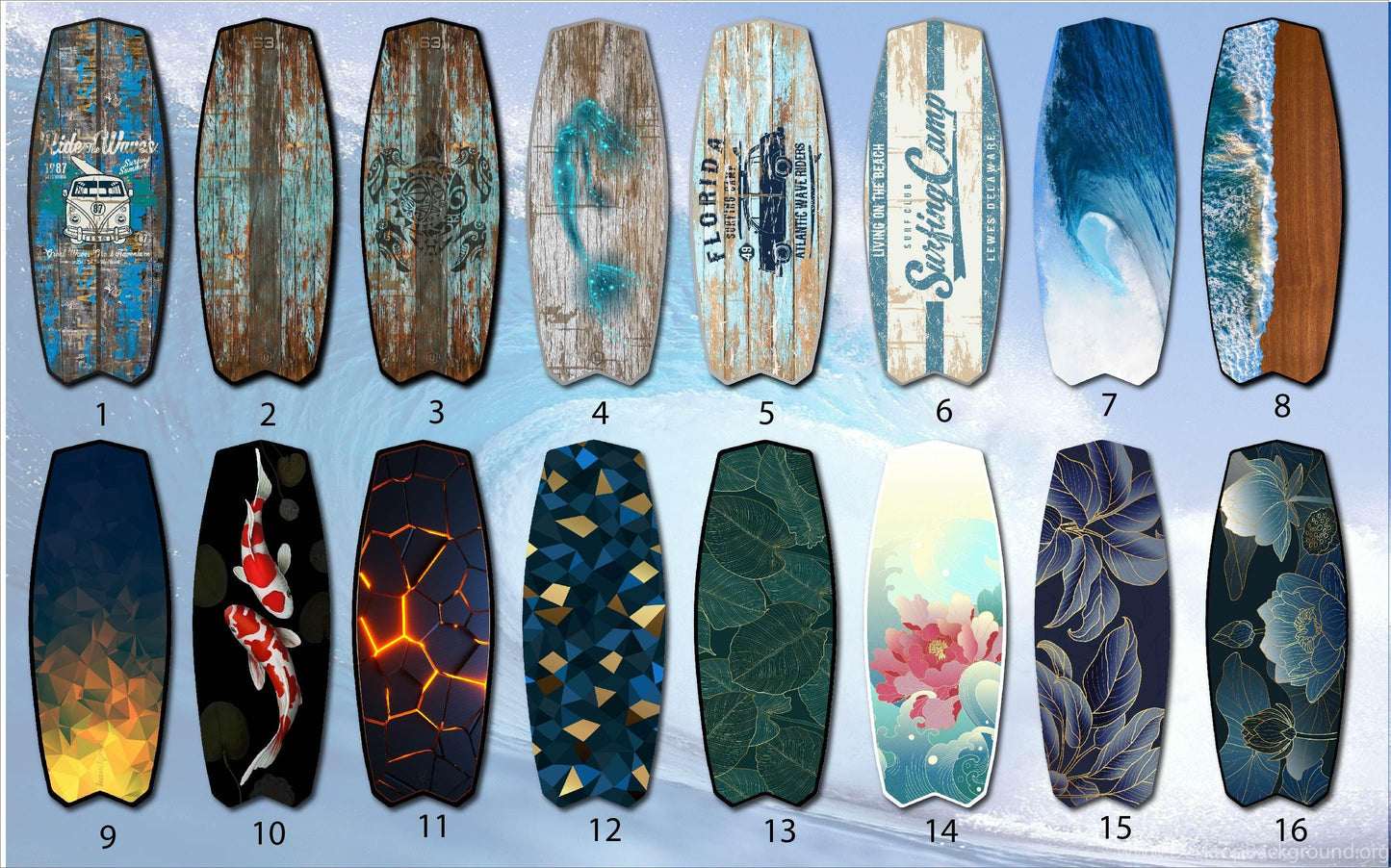 Surfboard coffee table with ocean wave