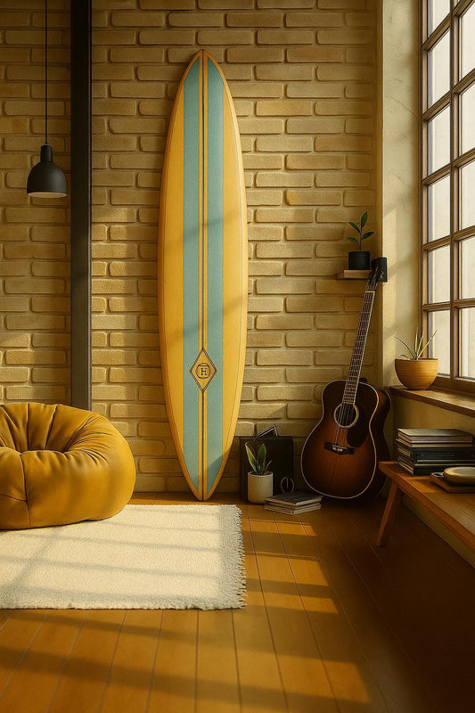 Vintage Surfboard Wall Decor – Retro Blue & Yellow Surfboard – Coastal Home Accent