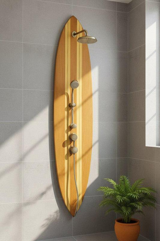 Surfboard-shaped shower panel – handmade for ocean lovers