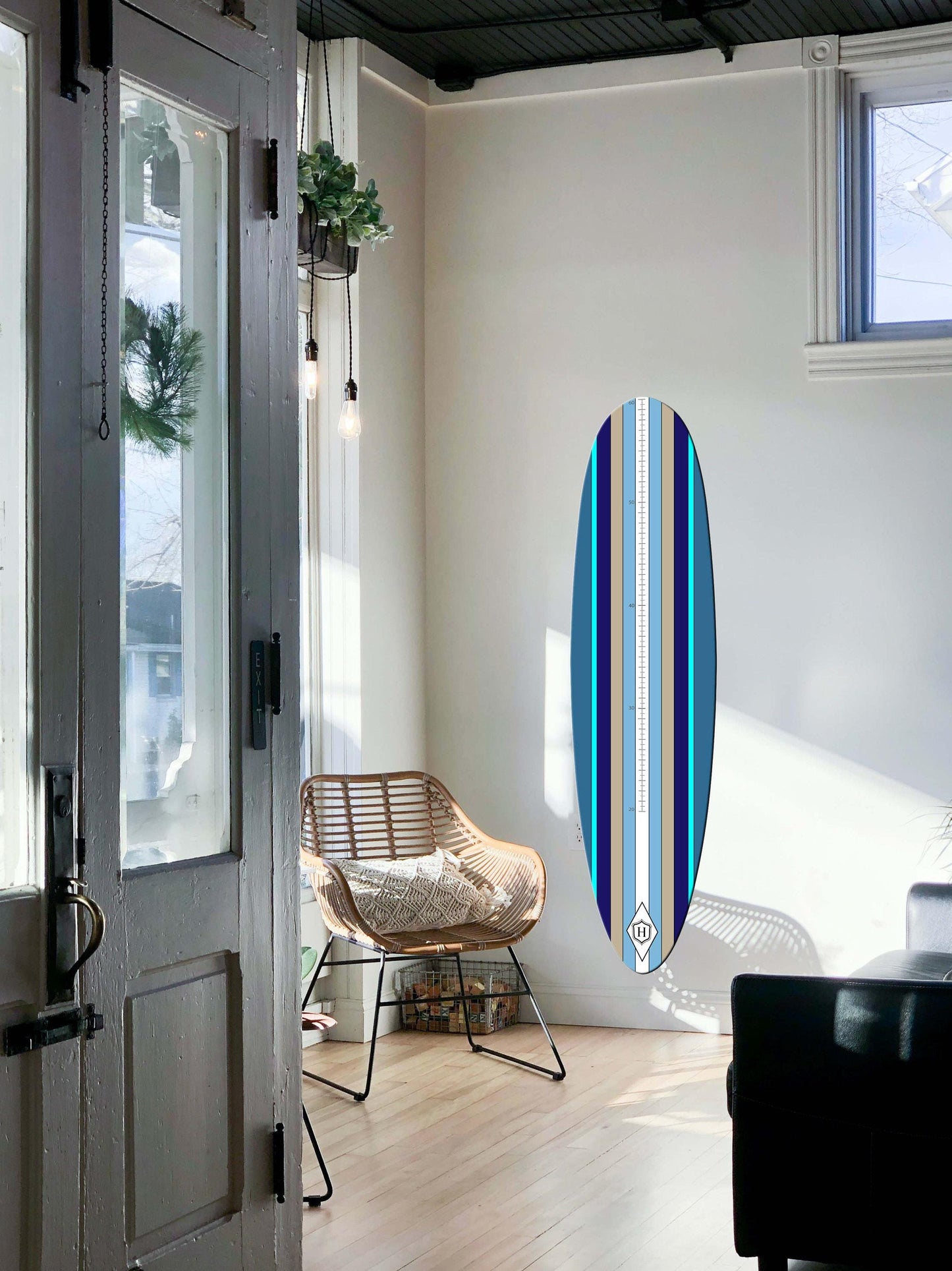Surfboard Growth Chart: Blue & White Wooden Kids Height Tracker