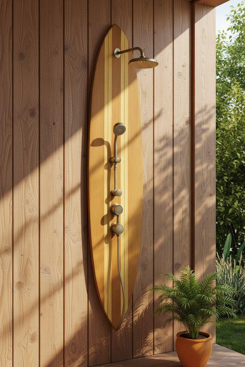 Surfboard-shaped shower panel – handmade for ocean lovers