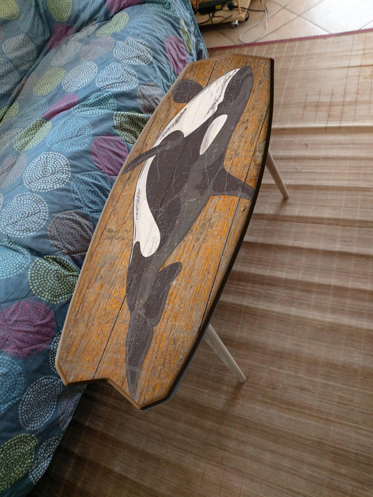 Surfboard coffee table with orca , killer whale