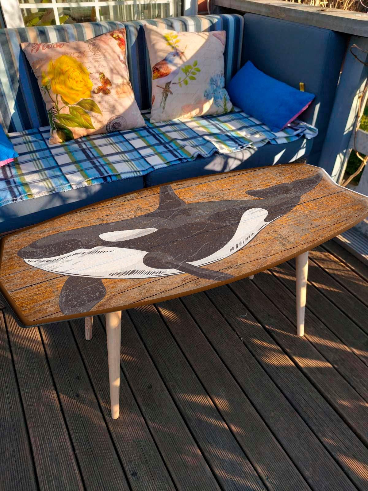 Surfboard coffee table with orca , killer whale