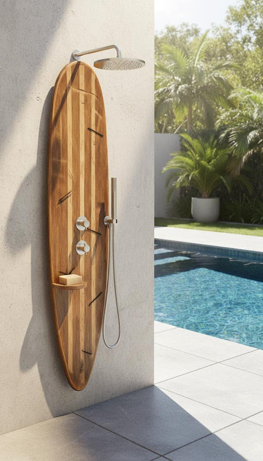 Surfboard Shower Panel, Natural Wood Coastal Bathroom Art, Outdoor Pool Decor