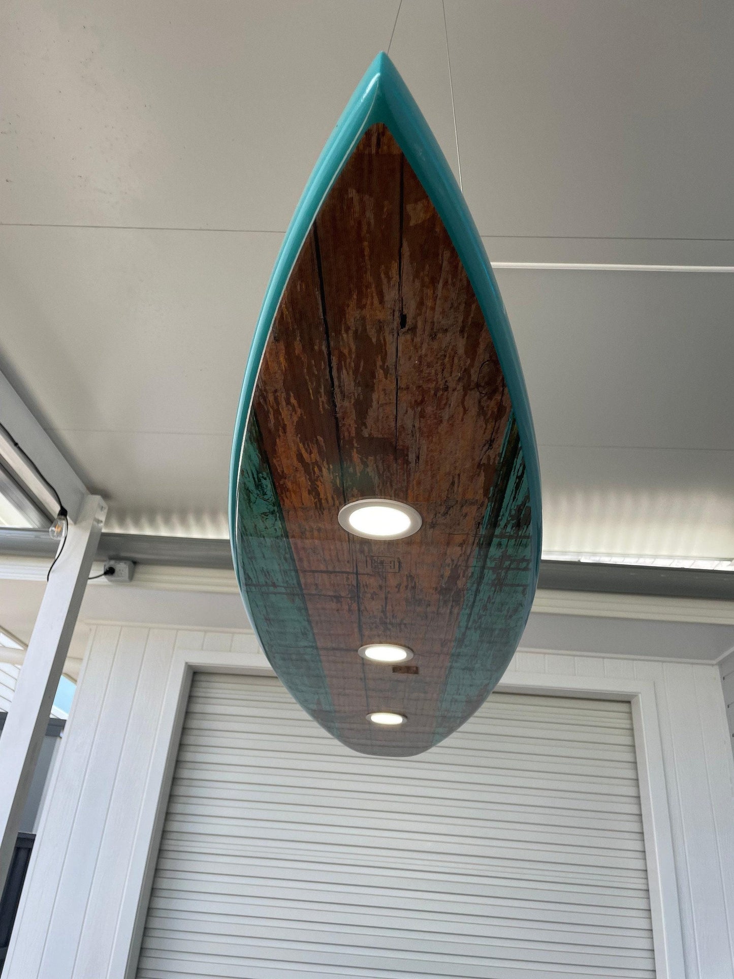 Surfboard Shaped Ceiling Light – Coastal Game Room Chandelier – Handcrafted Surf Decor – LED Surfboard Lamp