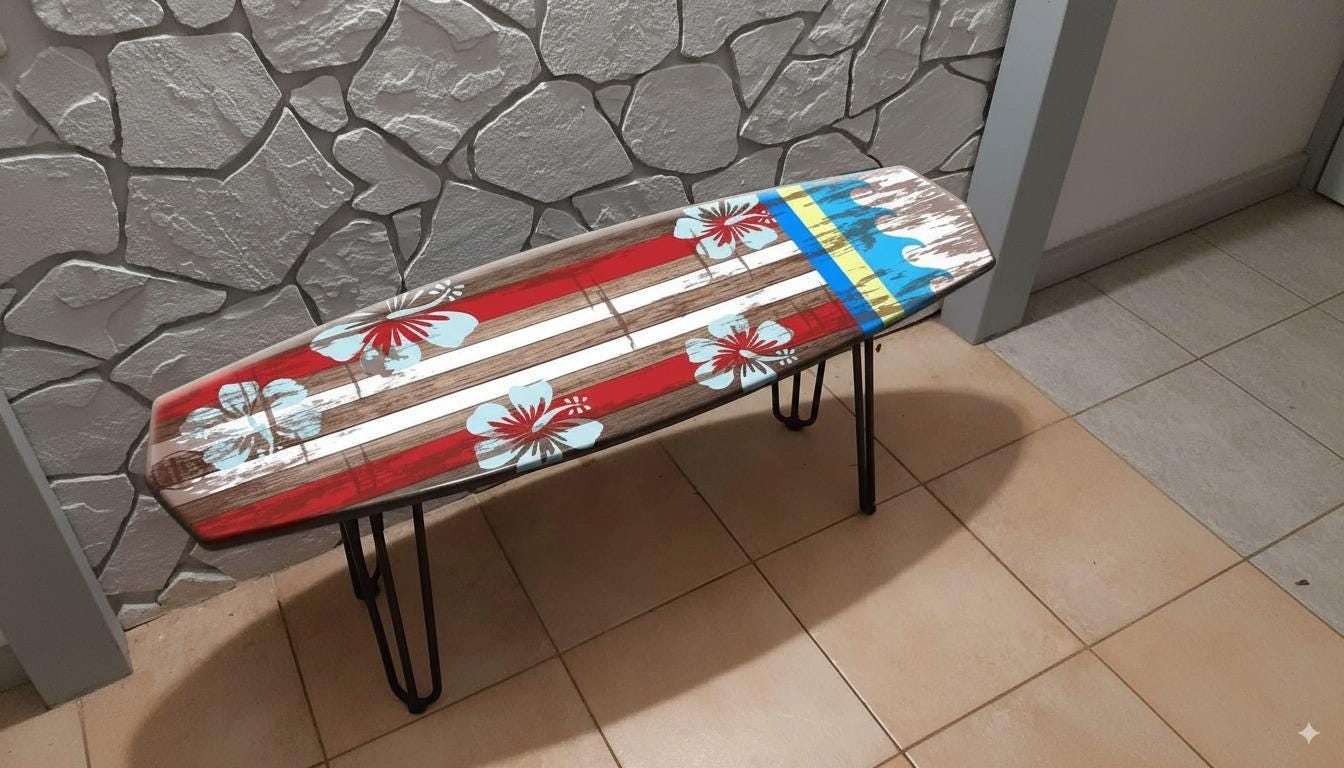 Surfboard Bench – Ocean Waves & Hibiscus Stripe Design