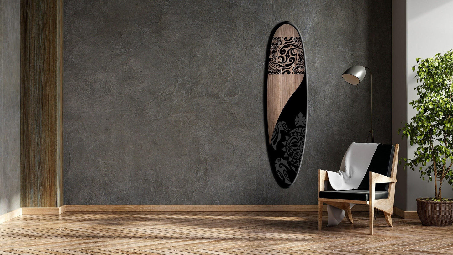 Tribal Surfboard Wall Art – Black and Wood Handmade Coastal Accent , Handmade Design
