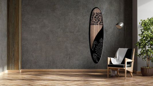 Tribal Surfboard Wall Art – Black and Wood Handmade Coastal Accent , Handmade Design