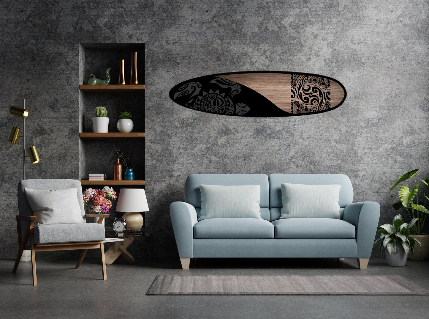 Tribal Surfboard Wall Art – Black and Wood Handmade Coastal Accent , Handmade Design