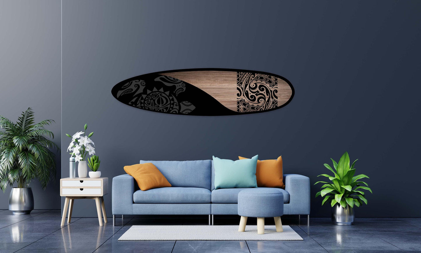 Tribal Surfboard Wall Art – Black and Wood Handmade Coastal Accent , Handmade Design
