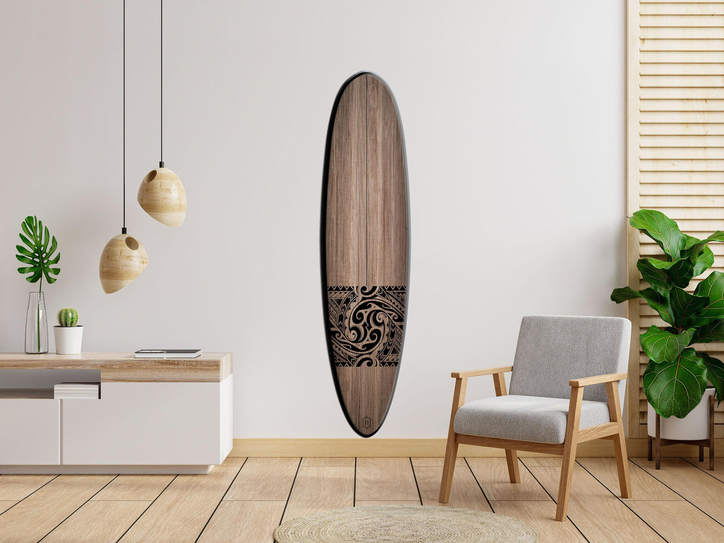 Tribal Surfboard Wall Art – Black and Wood Handmade Coastal Accent , Handmade Design