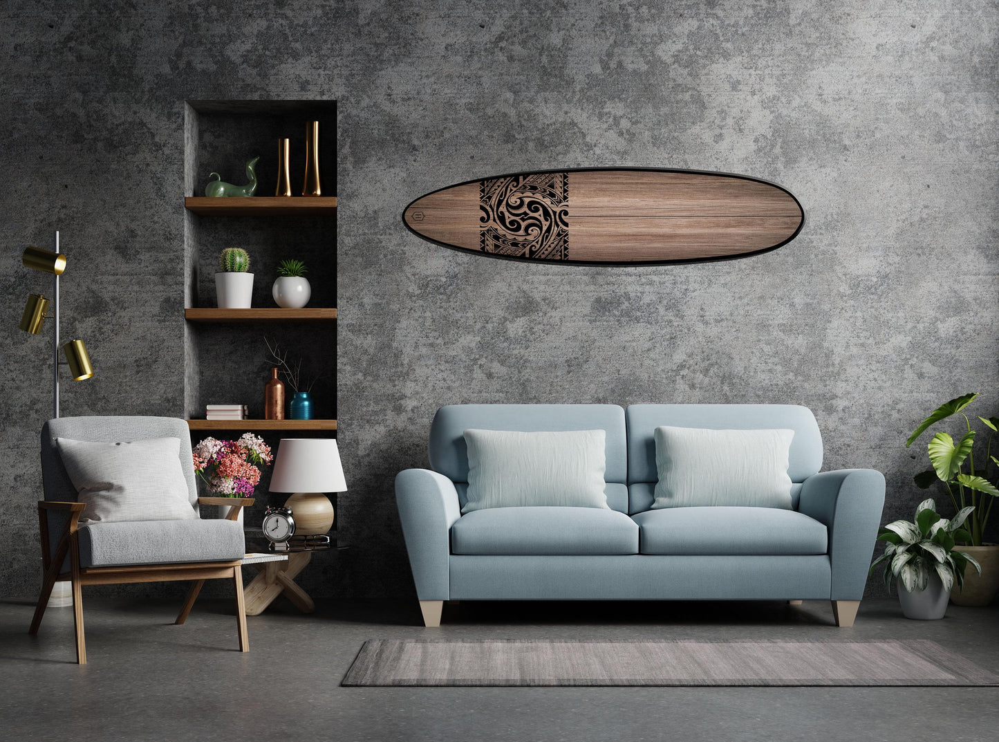 Tribal Surfboard Wall Art – Black and Wood Handmade Coastal Accent , Handmade Design