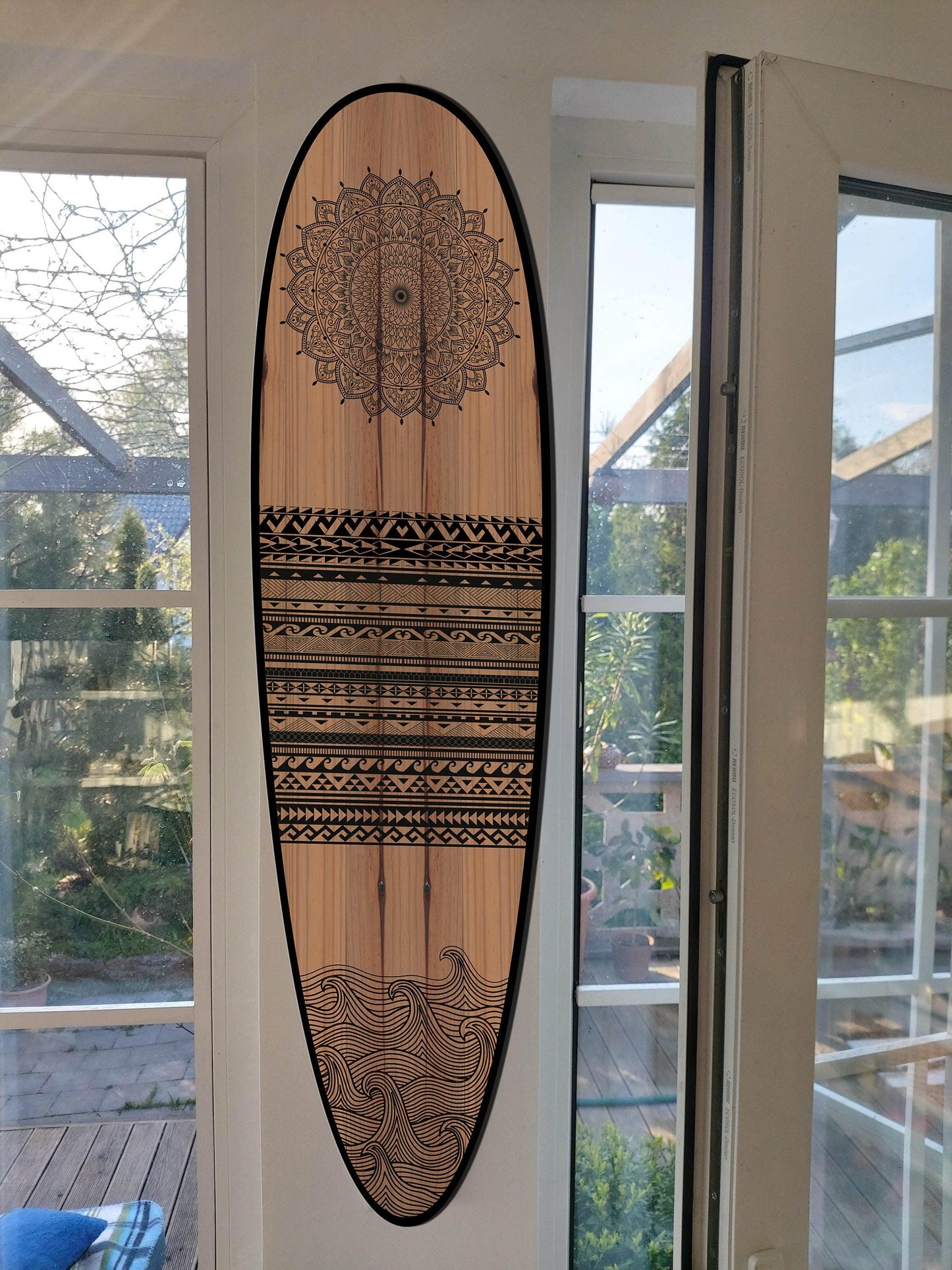 Tribal Surfboard Wall Art – Black and Wood Handmade Coastal Accent , Handmade Design