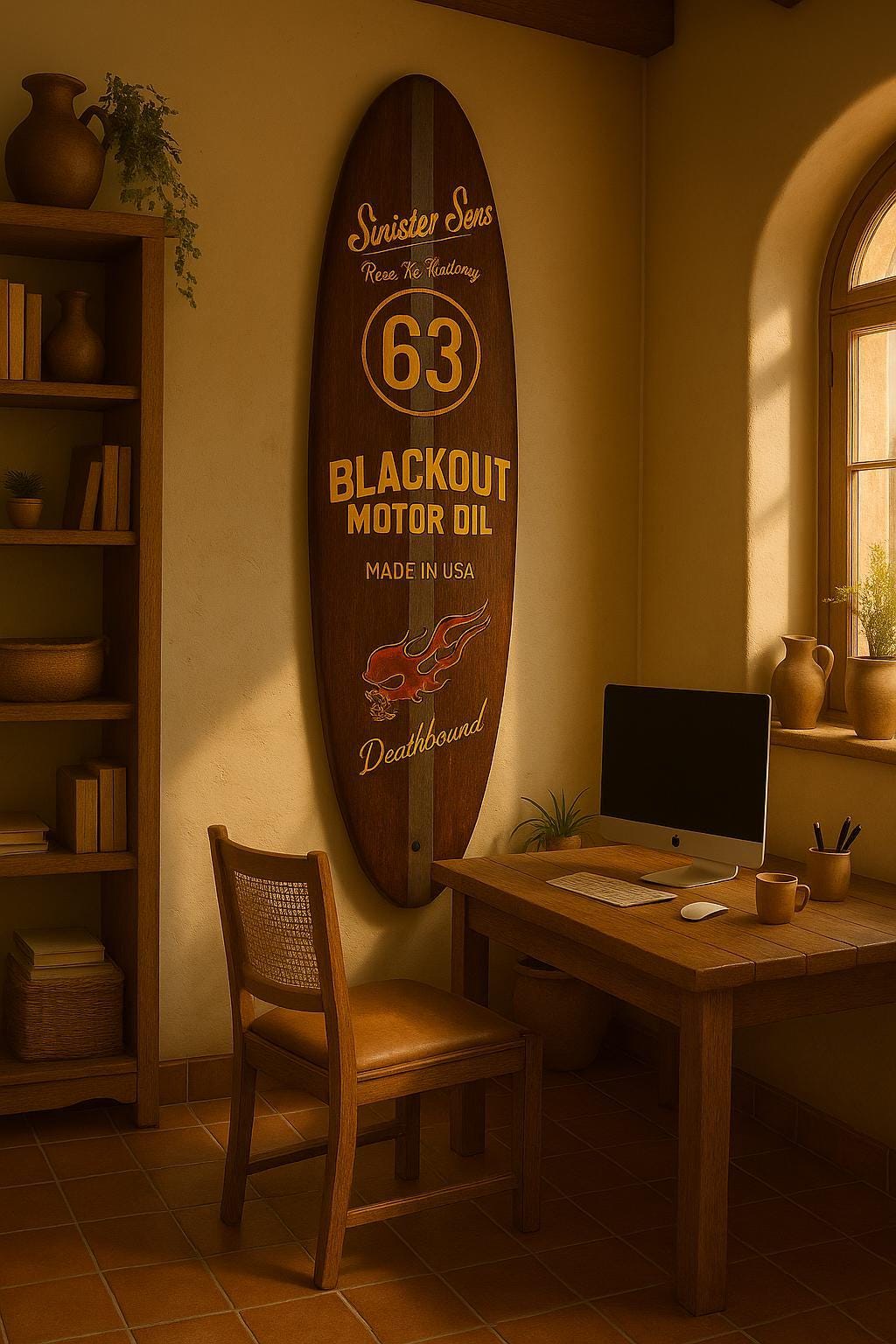 Garage Biker Wall Sign – Skull, Oil & Speed Inspired Surfboard Decor