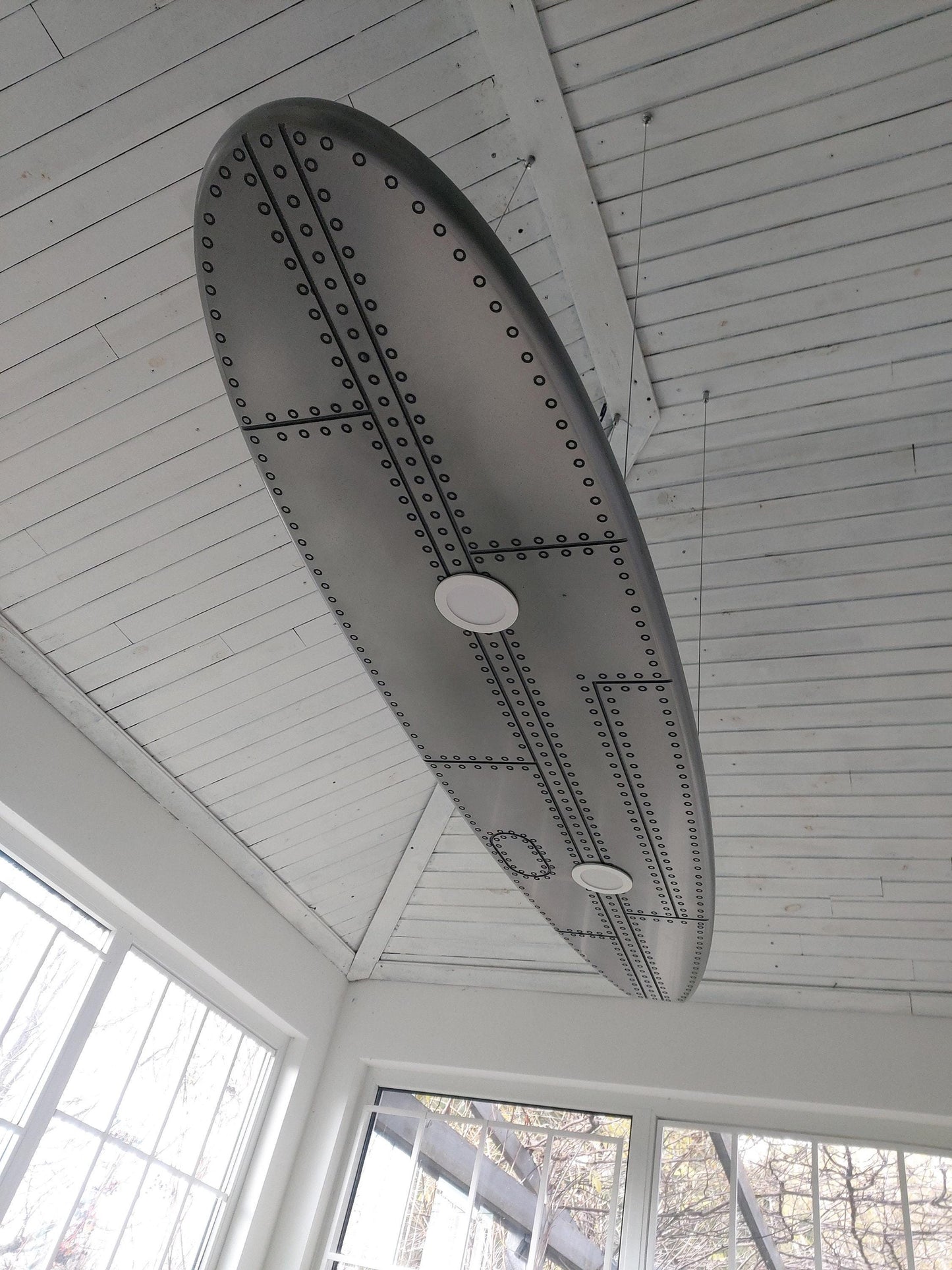 Surfboard shaped ceiling chandelier, covered with liquid aluminum, a ceiling lamp for billiards