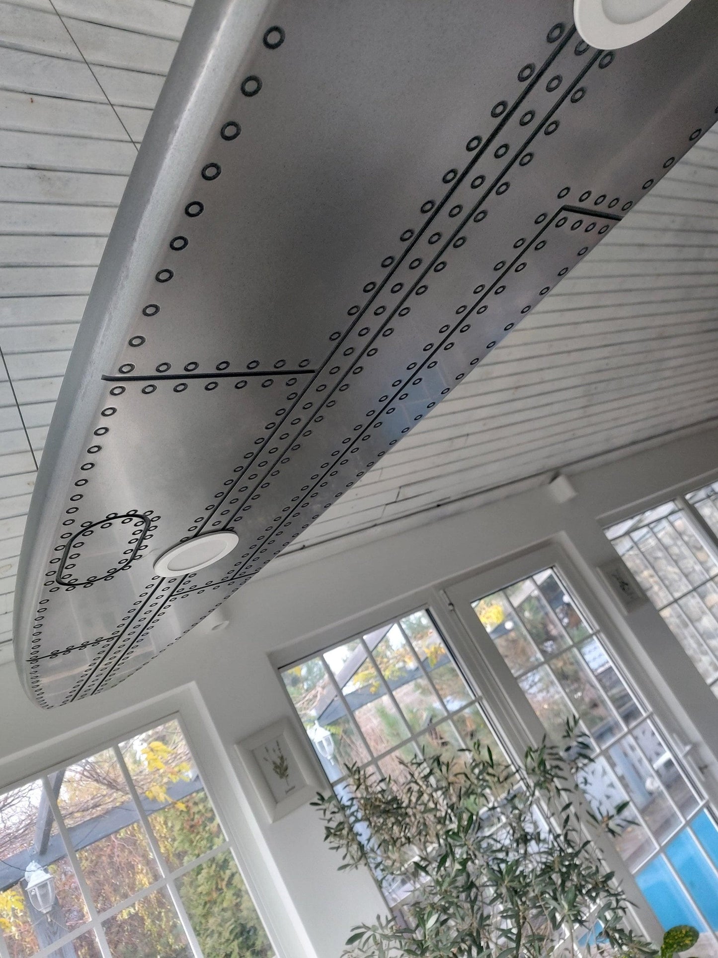 Surfboard shaped ceiling chandelier, covered with liquid aluminum, a ceiling lamp for billiards