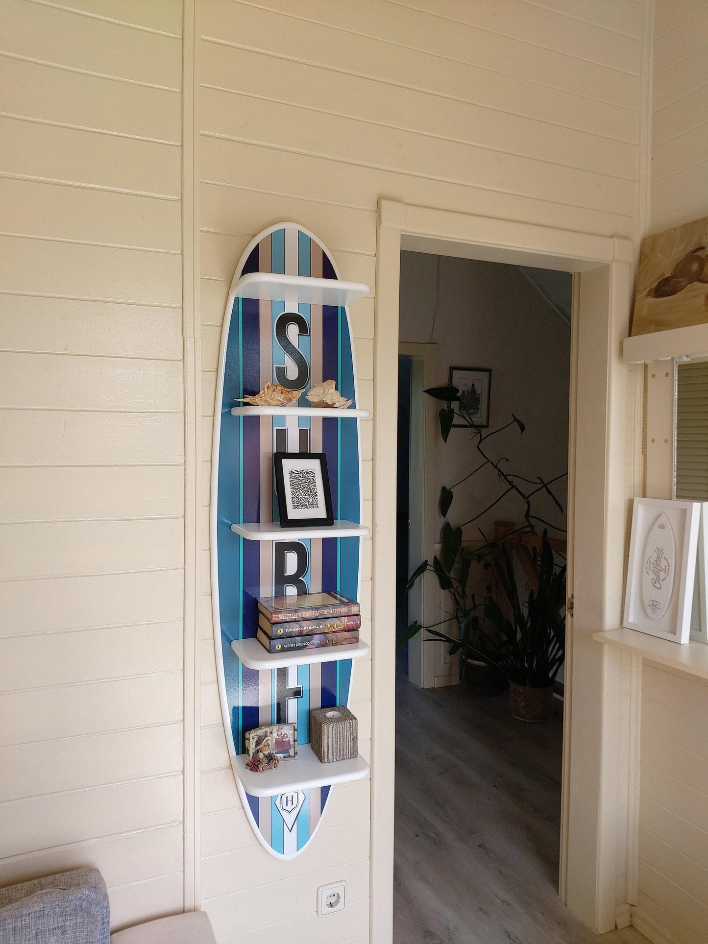 Surfboard Wall Shelf: Wood Surfing Art Decor, 5-Tier Bookshelf (54 inch)