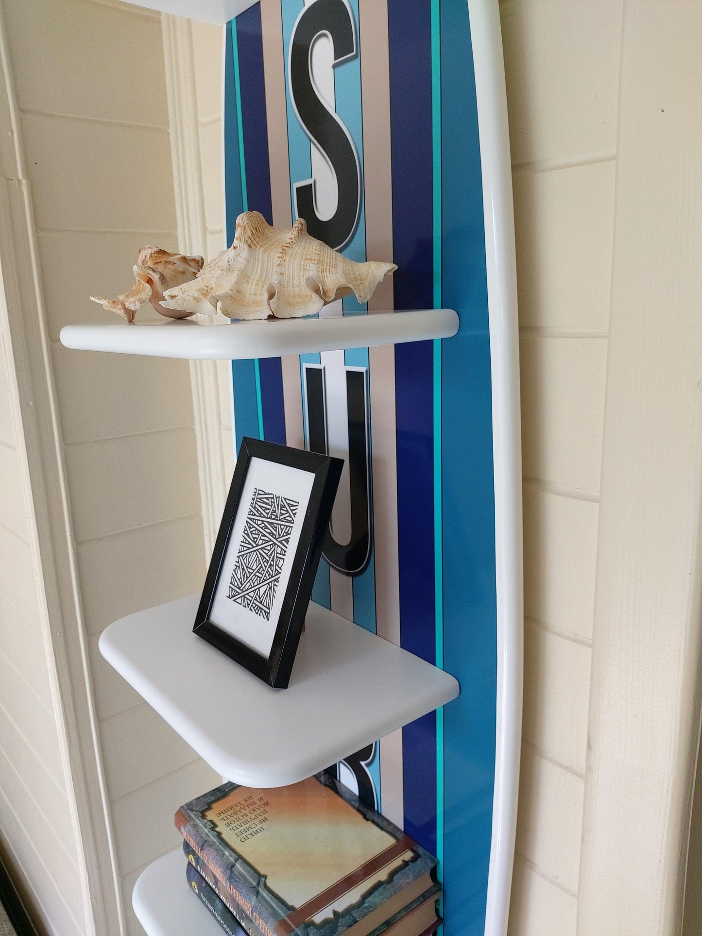 Surfboard Wall Shelf: Wood Surfing Art Decor, 5-Tier Bookshelf (54 inch)