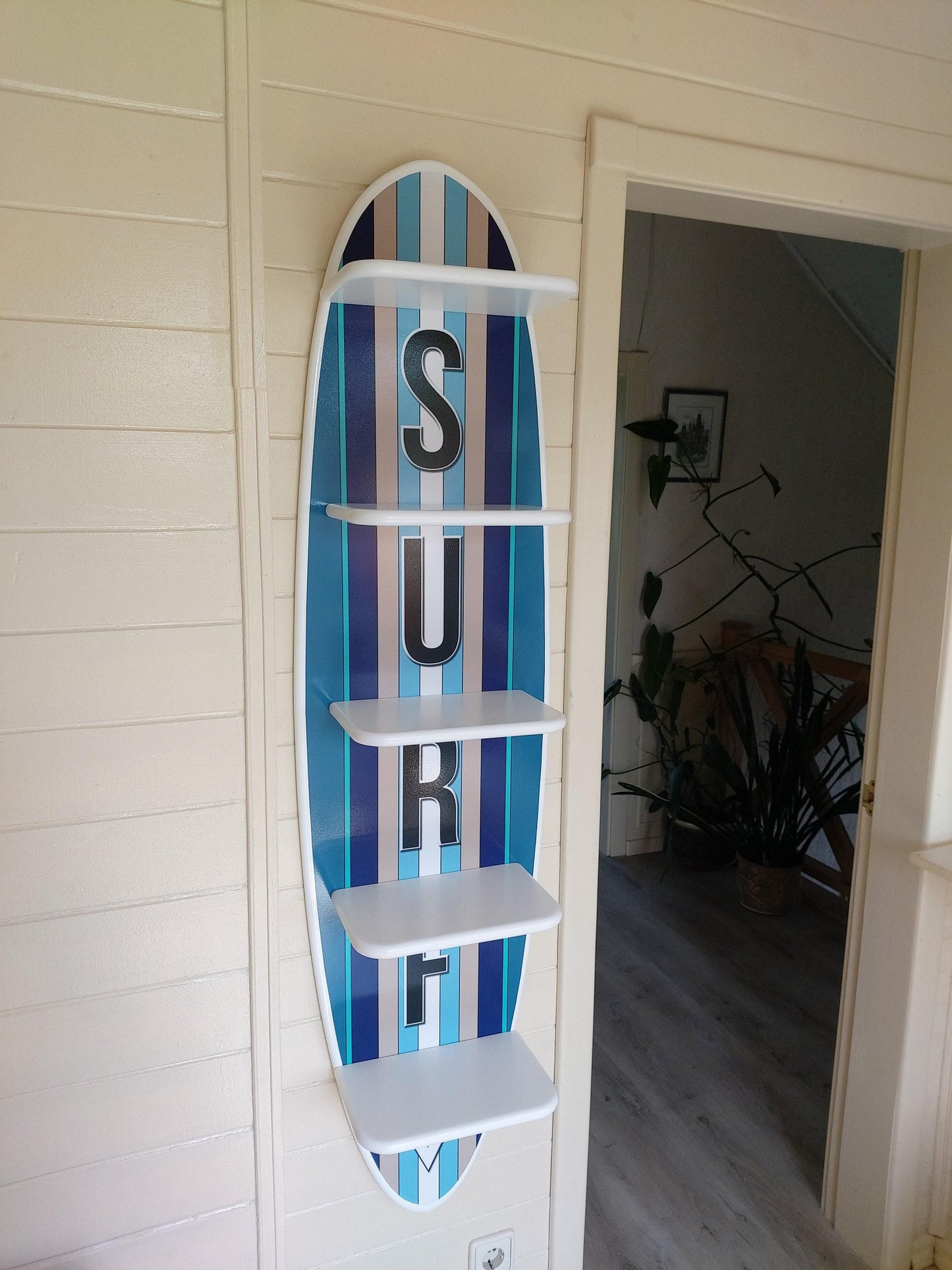 Surfboard Wall Shelf: Wood Surfing Art Decor, 5-Tier Bookshelf (54 inch)