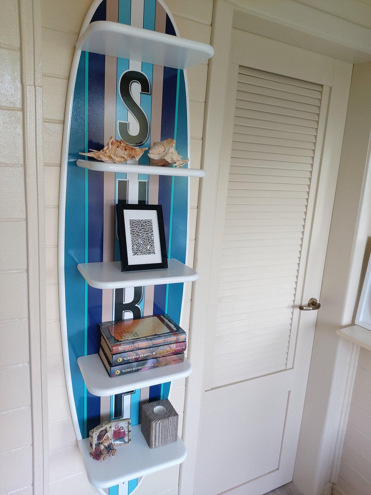 Surfboard Wall Shelf: Wood Surfing Art Decor, 5-Tier Bookshelf (54 inch)