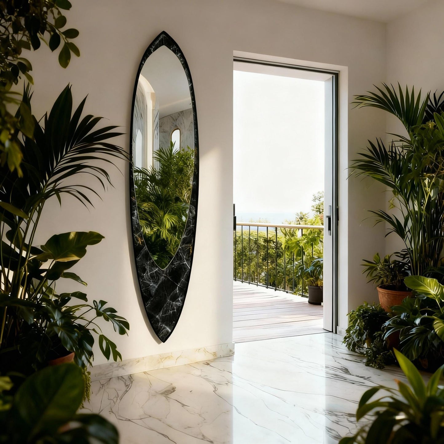 Wall mirror in wooden surfboard shaped frame
